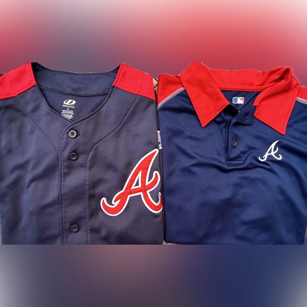 TWO MLB Atlanta Braves Baseball Short Sleeve Shirt Size Large Bundle